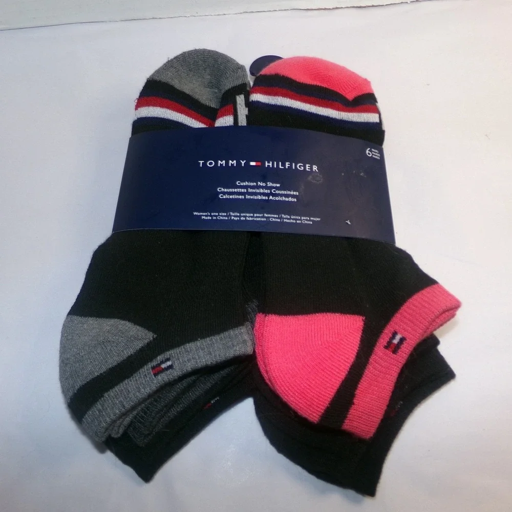 Tommy Hilfiger Womens 6 Pair Cushion No Show Socks Black Pink Grey